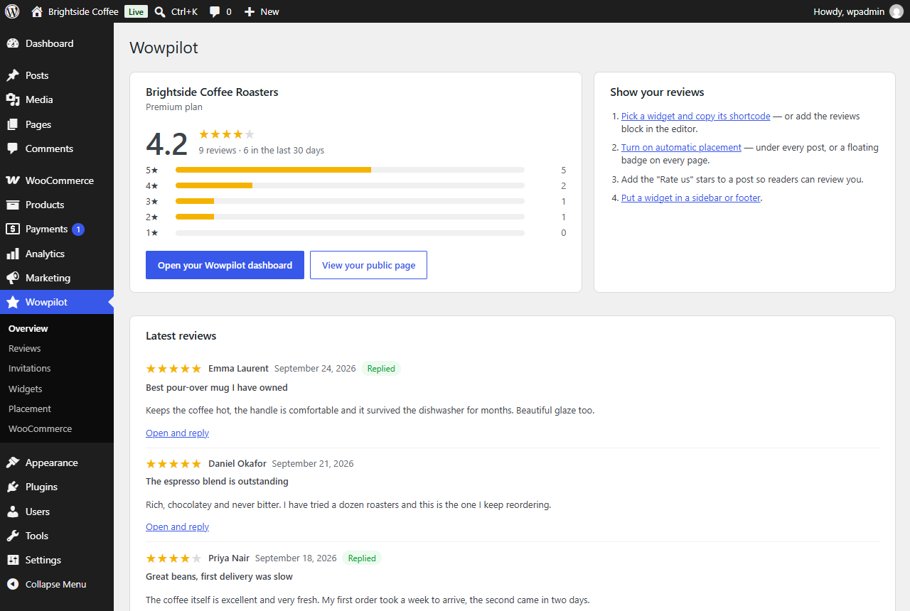 The ShopperChecked panel in the WordPress admin with a rating, the star breakdown and recent reviews.