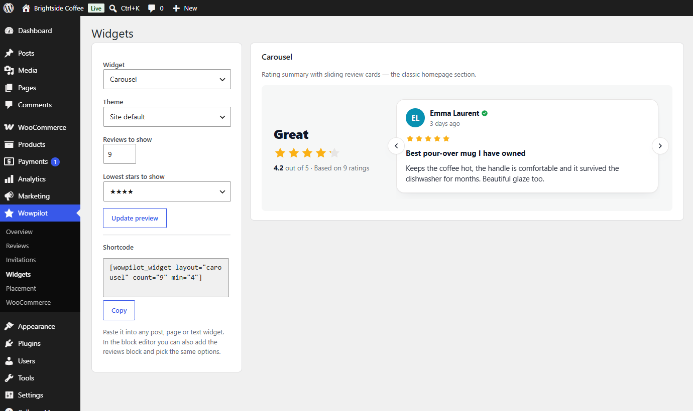 The widget builder, with the design choices on the left and a live preview on the right.
