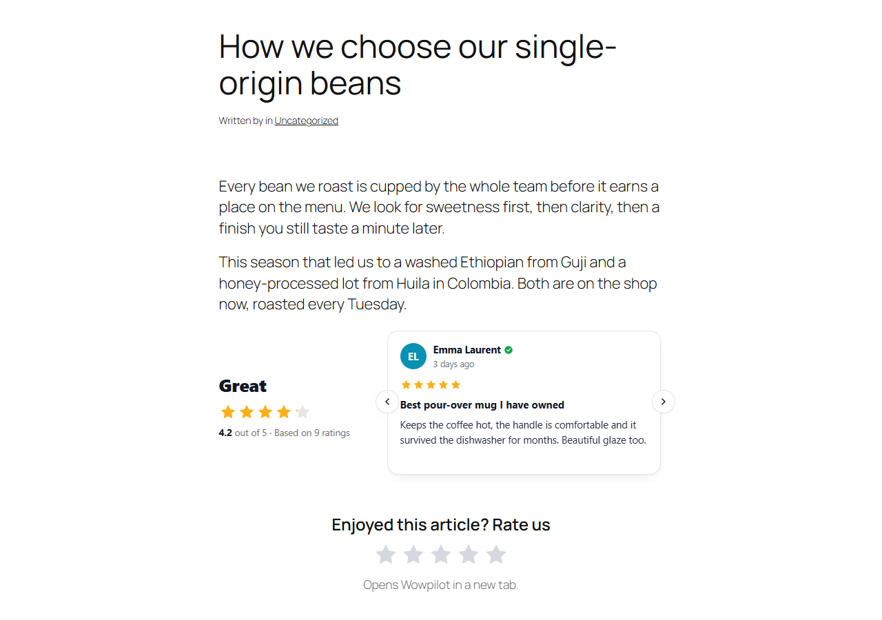 A blog post with a review carousel and Rate us stars added automatically below the text.