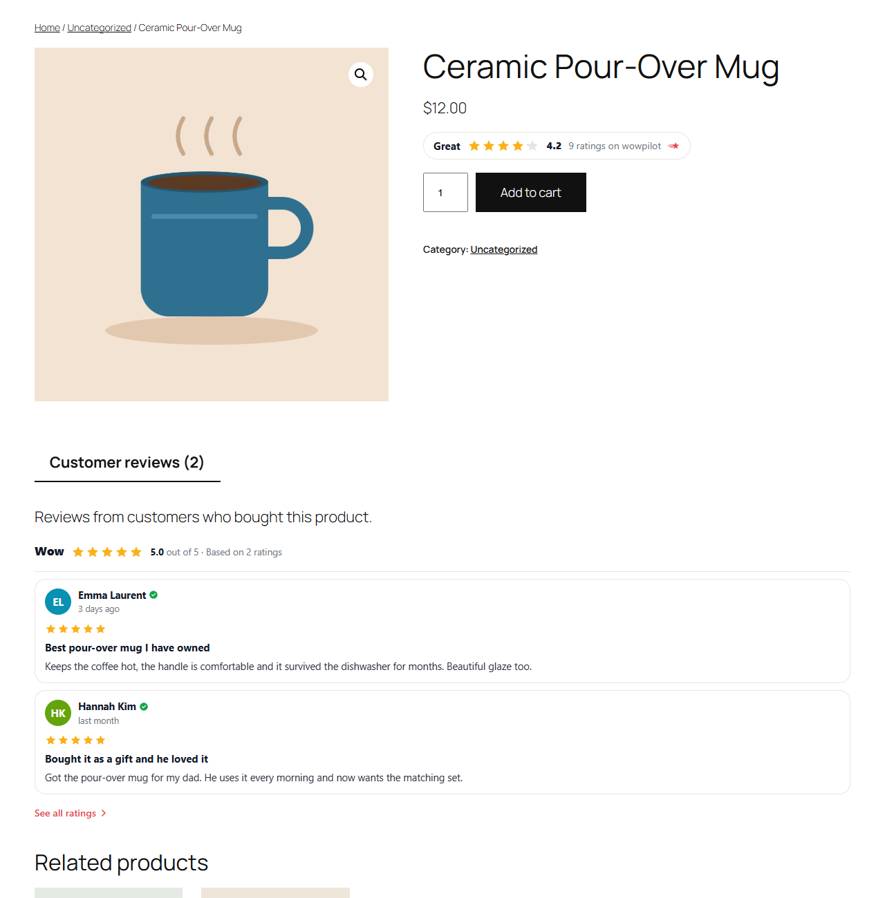 A WooCommerce product page with the rating below the price and a reviews tab.