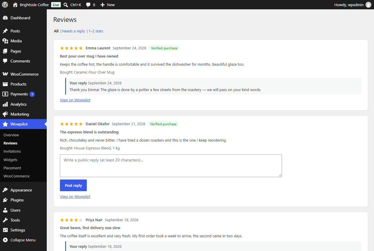 The reviews inbox in WordPress with a review, the products bought and a reply box.
