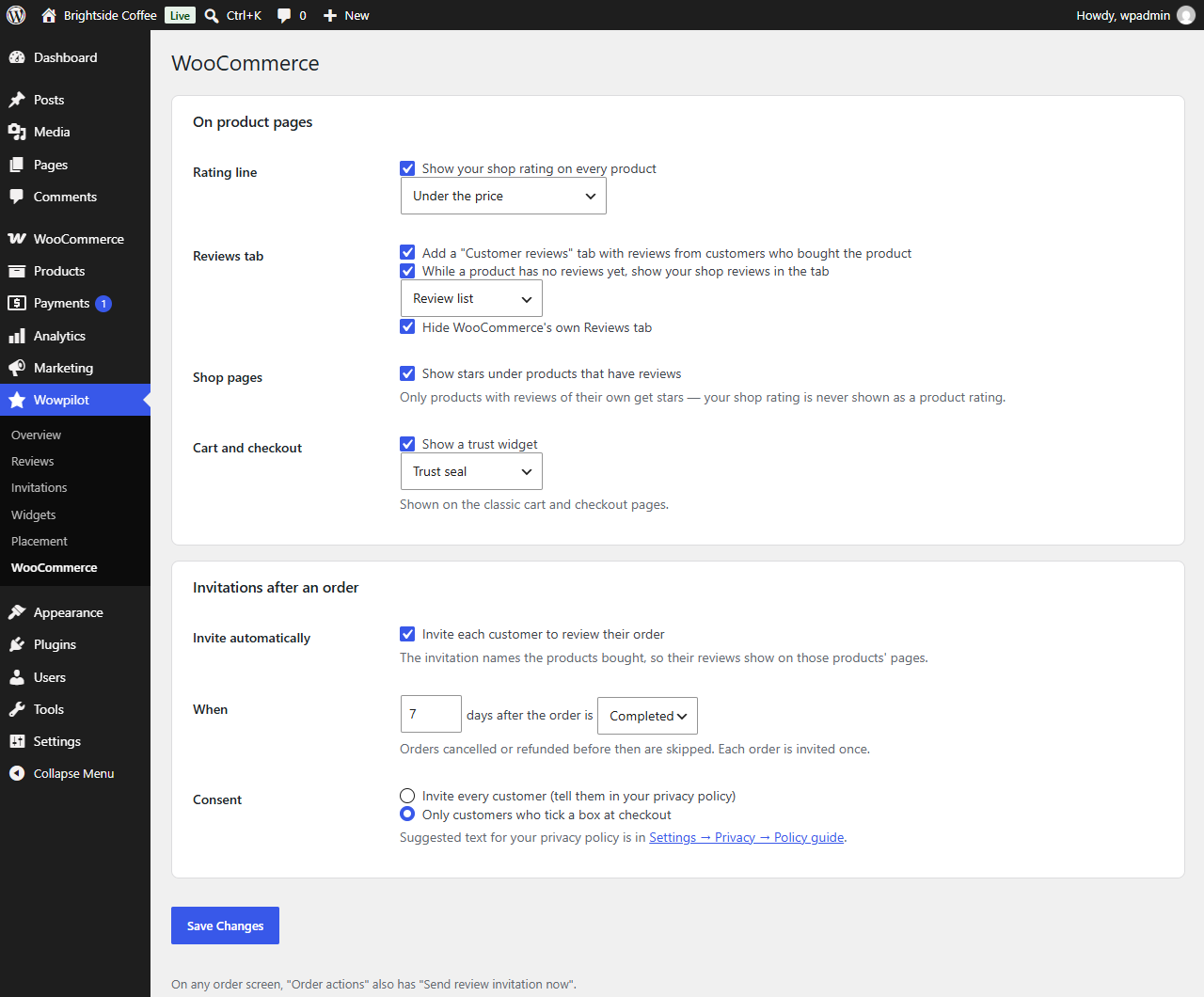 WooCommerce settings for product page placement, basket and checkout, and order invitations.